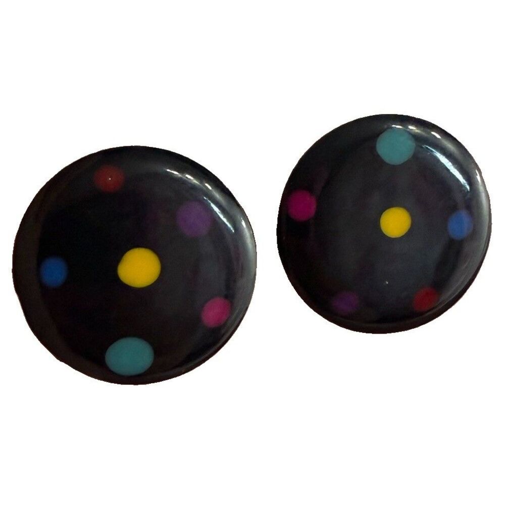 Vintage 1980s Polka Dot Button Earrings Black Multicolor Retro 80s Mod Post Stud